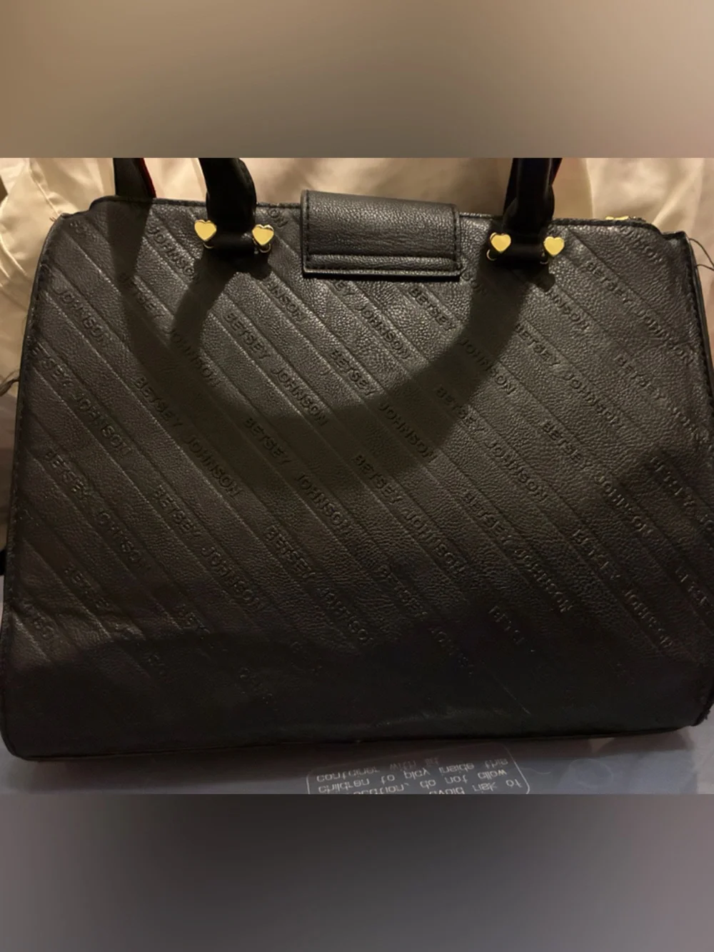 Betsey Johnson Quilted Satchel with gold heart clasp and contrasting red handle